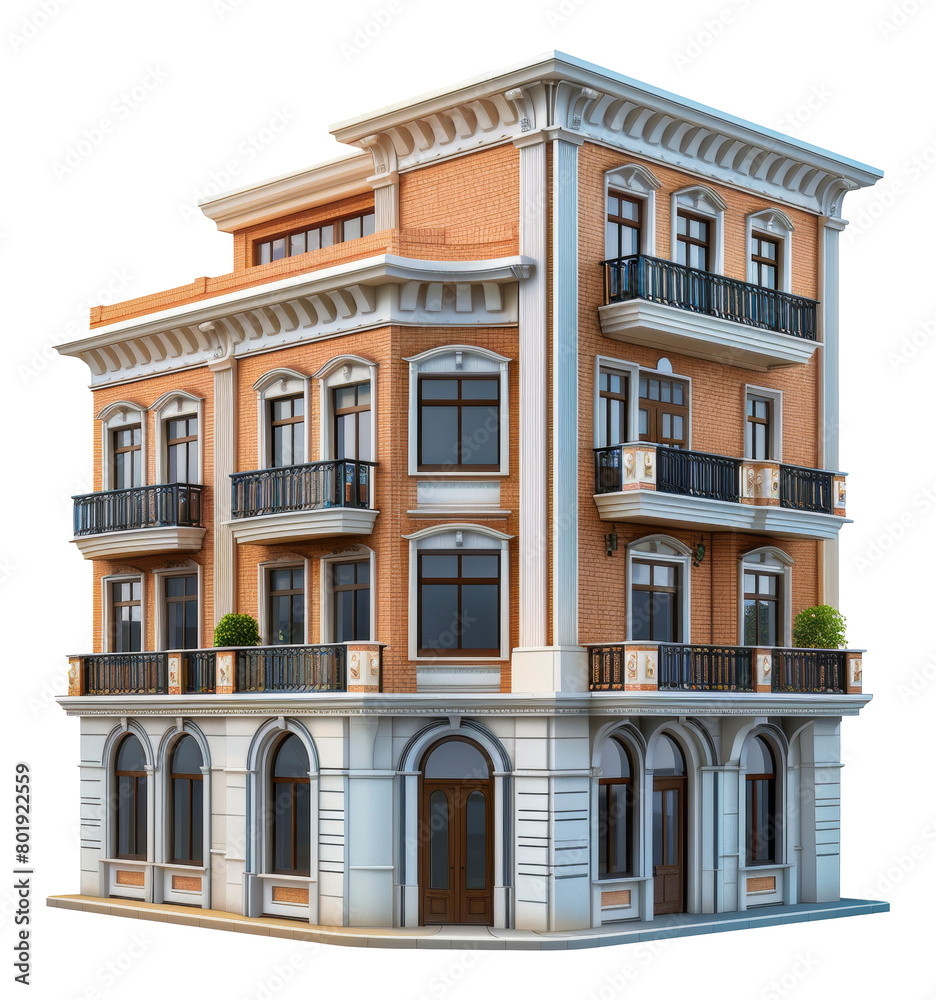 Fototapeta premium Classic corner building with ornate balconies, cut out - stock png.