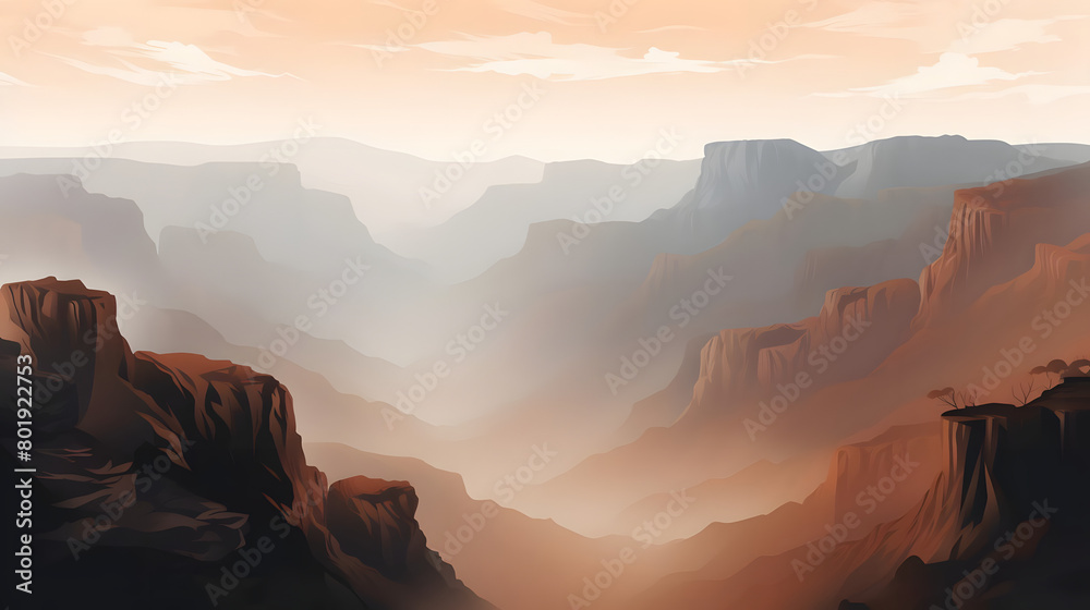 Ethereal Embrace, Canyon Rim Lost in Fog Embrace, Otherworldly Beauty Unveiled, Realistic Canyon Landscape. Vector Background