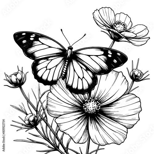 beautiful cosmos flower and butterfly template logo design