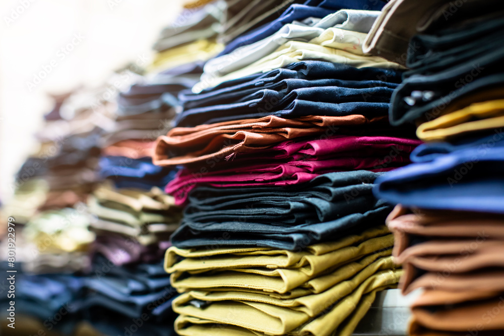 Lots of clothes folded and stacked on shelves in a clothing store. Lots of clothes folded and stacked on shelves in a clothing store.