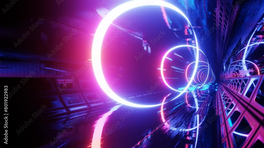 Hi-tech neon sci-fi tunel. Trendy neon glow lines form pattern and construction in mirror tunnel. Beautiful neon tunnel. Fly through technology cyberspace. 3d looped seamless 4k bright youth bg. Rings Hi-tech neon sci-fi tunel. Trendy neon glow lines form pattern and construction in mirror tunnel. Beautiful neon tunnel. Fly through technology cyberspace. 3d looped seamless 4k bright youth bg. Rings