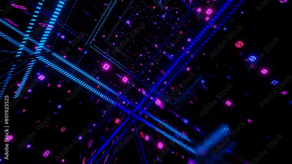 Vj loop neon room. Night club bright neon style bg. Mirror room with neon light. Abstract festive bg with bright reflection. Dark room disco lights. Seamless looped bg with neon light.