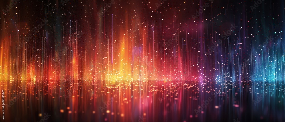 Highresolution abstract design of glowing vertical streaks and colorful light lines on a black night backdrop, capturing the essence of digital motion,