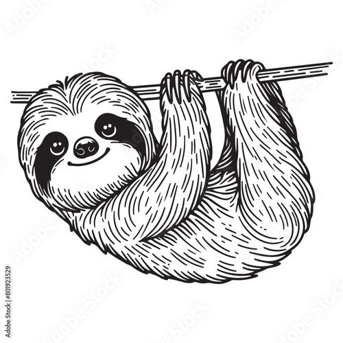 Line art of smiling sloth cartoon hanging a tree vector