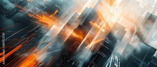 Highresolution abstract background featuring glass elements and light streaks, depicting a futuristic cityscape with skyscrapers in dark gray, black, white, and orange hues,