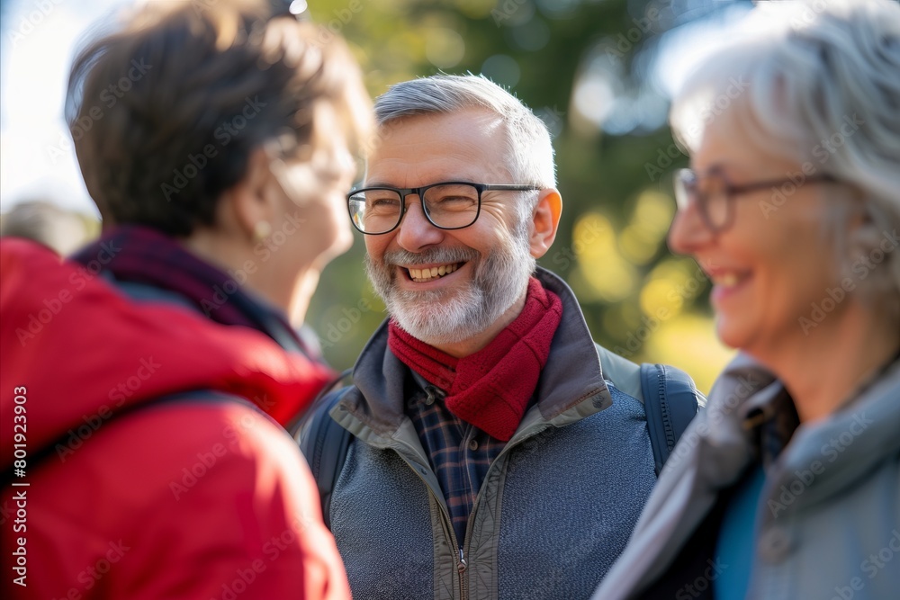 Senior couple walking in the park. They are talking and smiling.