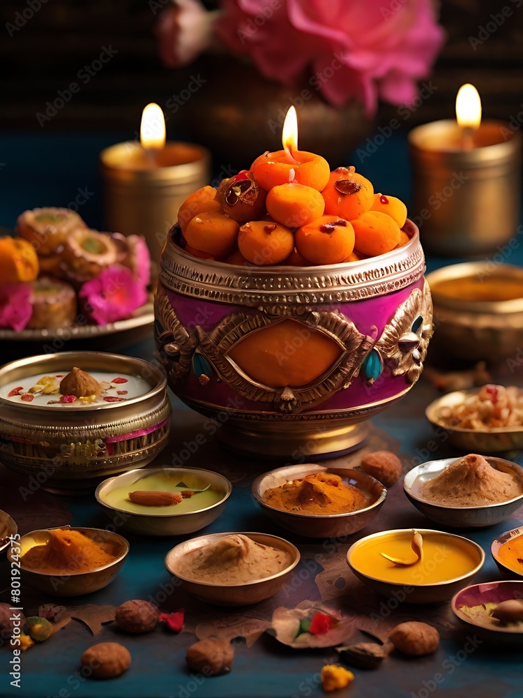 Assorted sweet and snack on Happy Diwali Holiday background for light festival of India