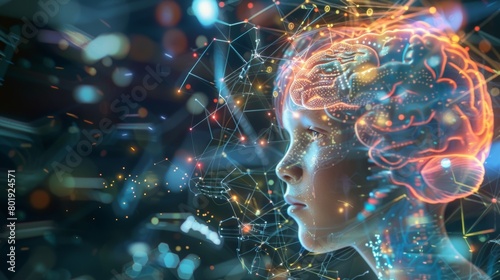 A digital rendering of a young boys brain showcasing the different areas that can be targeted and enhanced through neuroenhancements..