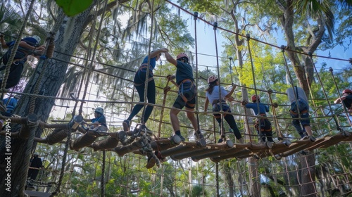 Corporate team building activity with a ropes course challenge