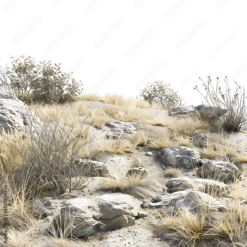 Dry savanna meadow with grasses, shrubs, and rocks, isolated on a white background. Dry savanna meadow with grasses, shrubs, and rocks, isolated on a white background.