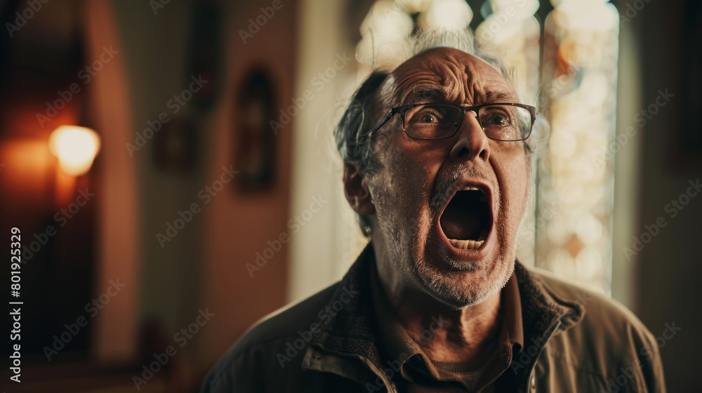 Obraz premium Elderly man expressing shock and surprise indoors