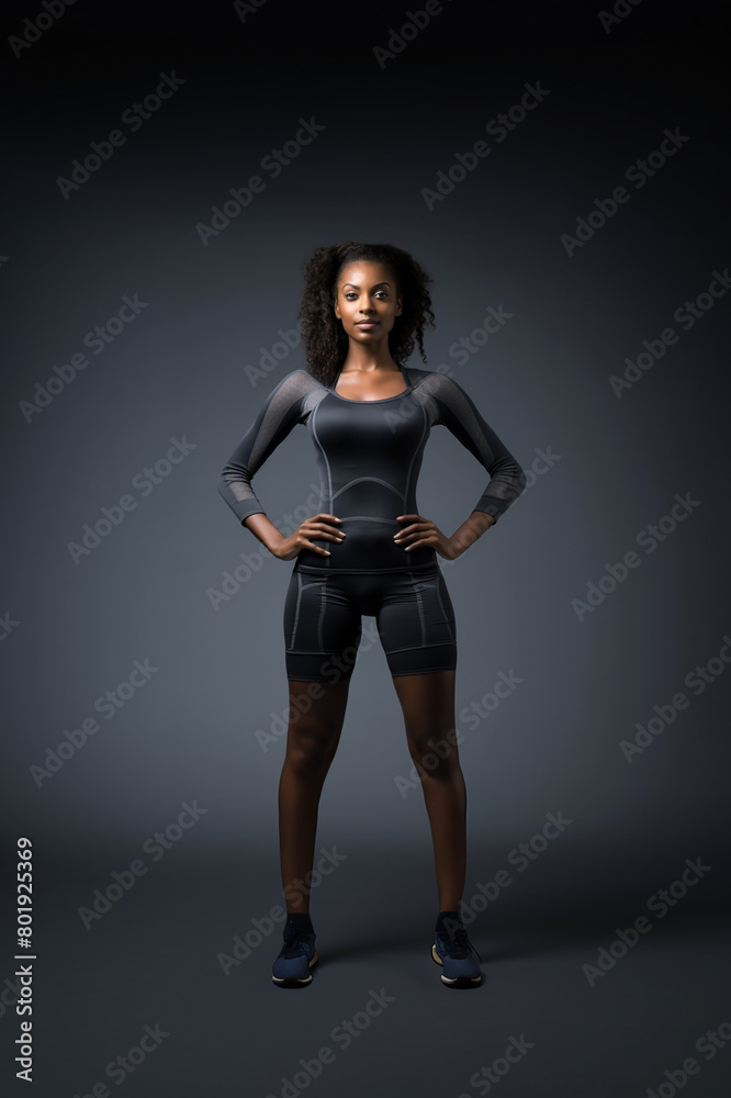 A beautiful ebony model in a sporty slim top and shorts stands on a black background with copy space. A beautiful ebony model in a sporty slim top and shorts stands on a black background with copy space.