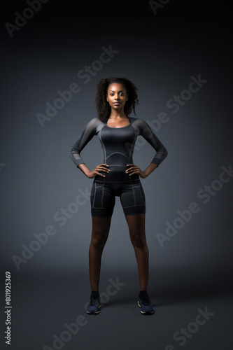 A beautiful ebony model in a sporty slim top and shorts stands on a black background with copy space.  © July P