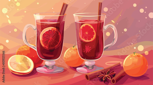 Glasses of delicious hot mulled wine on color table Vector