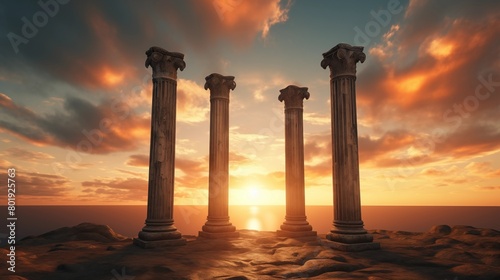 beautiful three ancient pillars with sunset sky background.