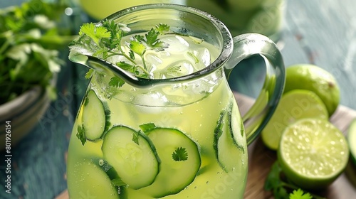 A pitcher of refreshing cucumber limeade garnished with fresh herbs.