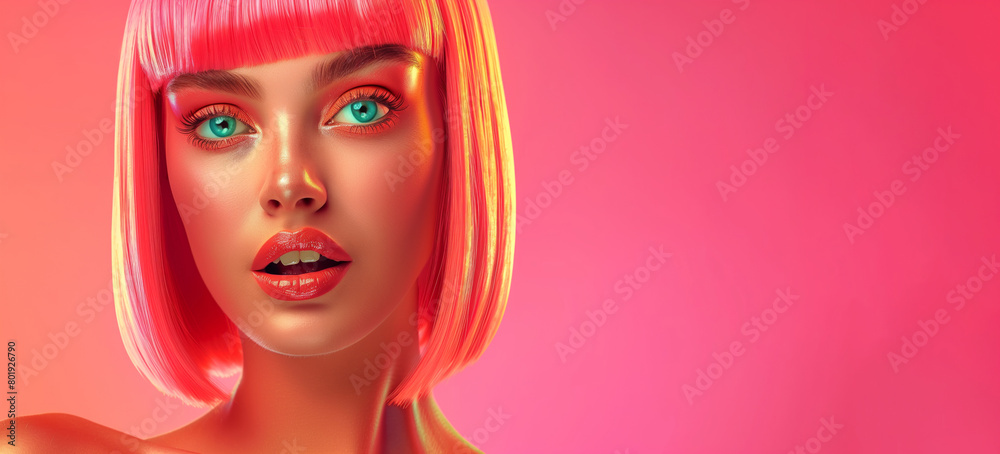 A woman with pink hair and blue eyes is standing in front of a pink background. Concept of boldness and confidence, as the woman's vibrant hair, makeup draw attention. Beautiful woman in a pink wig A woman with pink hair and blue eyes is standing in front of a pink background. Concept of boldness and confidence, as the woman's vibrant hair, makeup draw attention. Beautiful woman in a pink wig