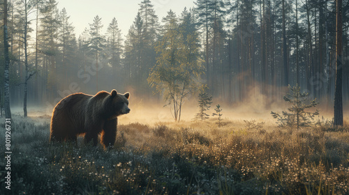 Portrait of a bear standing in the middle of a foggy forest under the sunlight in the morning photo