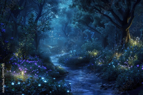 An enchanted forest at night, with glowing flowers, a sparkling river, and mystical creatures lurking in the shadows. Resplendent.