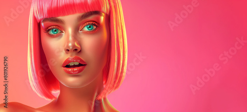 A woman with pink hair and blue eyes is standing in front of a pink background. Concept of boldness and confidence  as the woman s vibrant hair  makeup draw attention. Beautiful woman in a pink wig