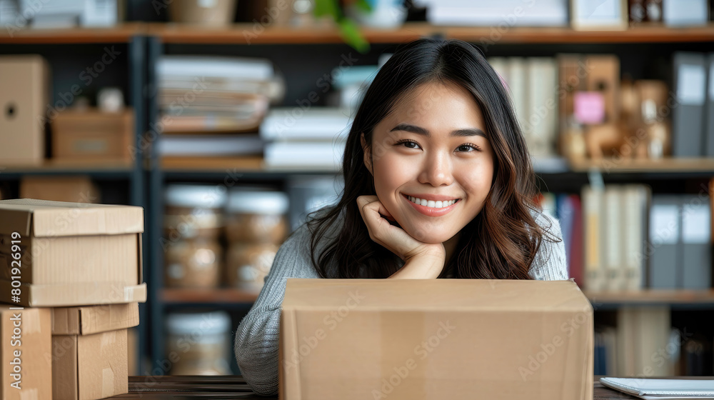 A woman is smiling and sitting on a table with a cardboard box in front of her A woman is smiling and sitting on a table with a cardboard box in front of her
