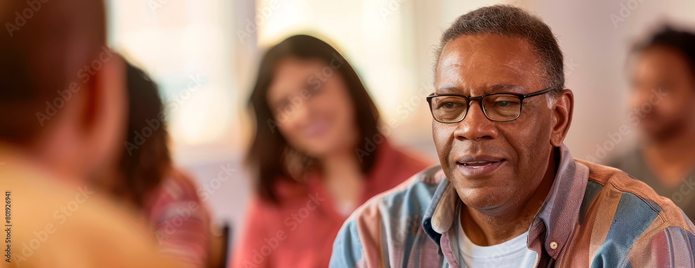 Fototapeta premium A counselor leading a support group, diverse participants, welcoming atmosphere, soft focus