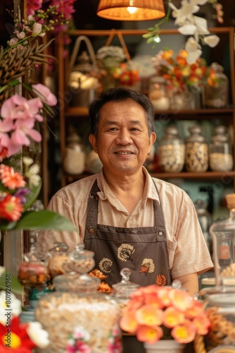 A man is smiling in front of a flower shop
