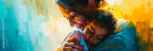 A social worker comforting a child, soothing colors, empathetic expression, oil painting style photo
