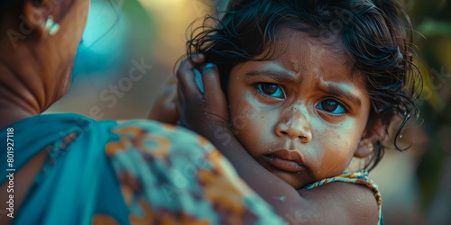 A social worker comforting a child, soothing colors, empathetic expression, oil painting style photo