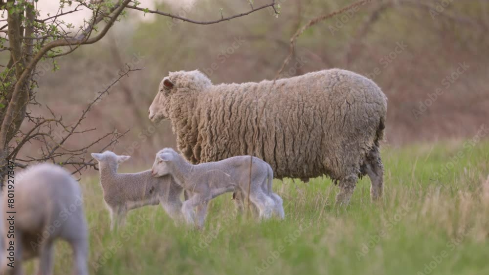 Sheep Graze in Meadow with Green Grass. Livestock on Farm in Countryside Sheep Graze in Meadow with Green Grass. Livestock on Farm in Countryside