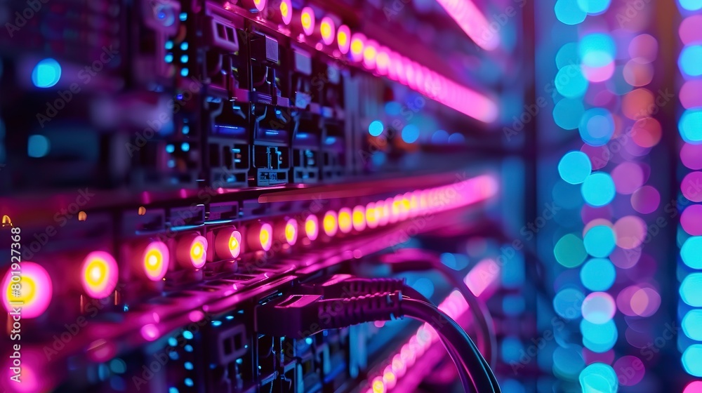 High-speed network cables in data center, neon light traces, low angle, connectivity core High-speed network cables in data center, neon light traces, low angle, connectivity core
