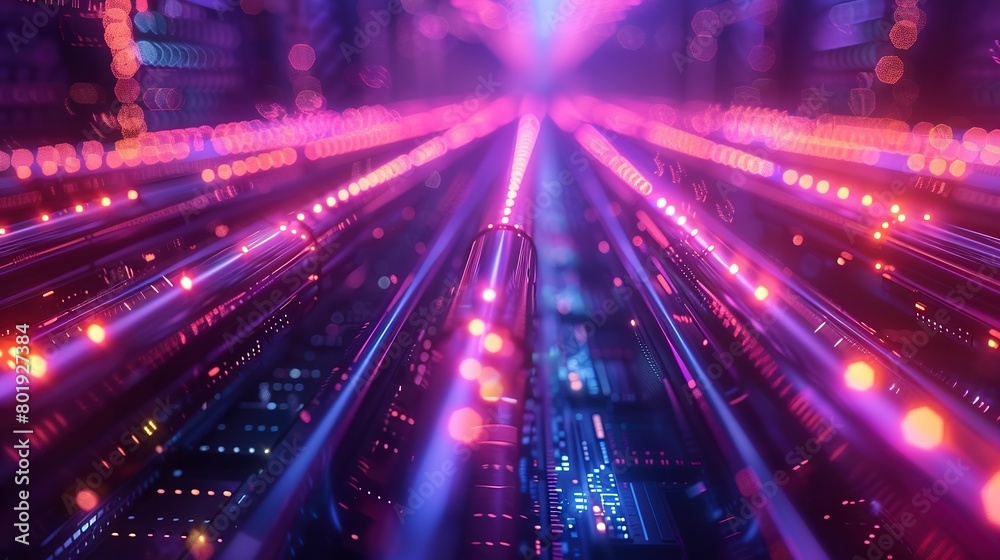 Fototapeta premium High-speed network cables in data center, neon light traces, low angle, connectivity core 