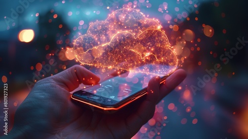Cloud storage access on smartphone, soft backlight, close-up, digital convenience 
