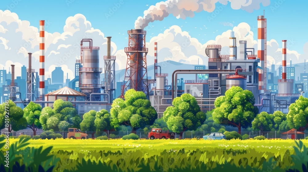 Obraz premium Industrial landscape with factory and green trees. world environment day 