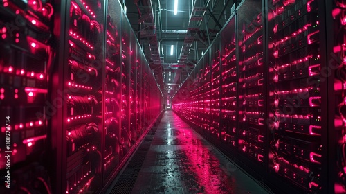Crypto mining farm, rows of servers, dim red light, wide angle, energy consumption 
