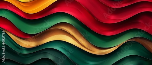 Festive abstract background with wavy paper cuts in holiday colors of red, green, and gold, showing off a cheerful gradient texture, photo