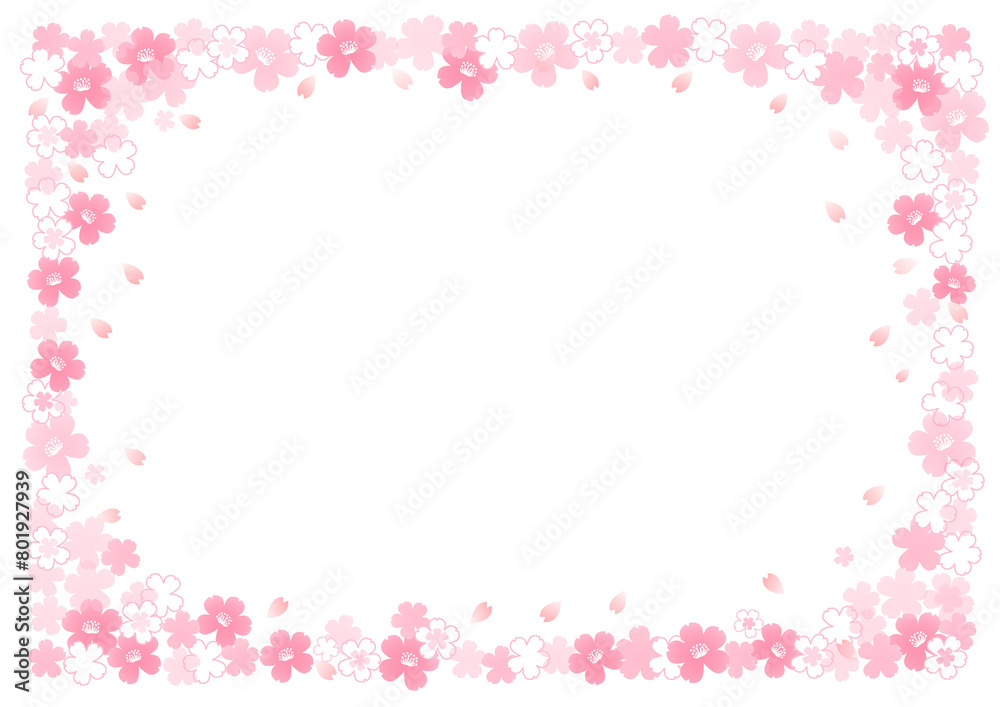 グラデーションが美しいピンクの濃淡の桜柄飾り枠　春（全て透過背景）
