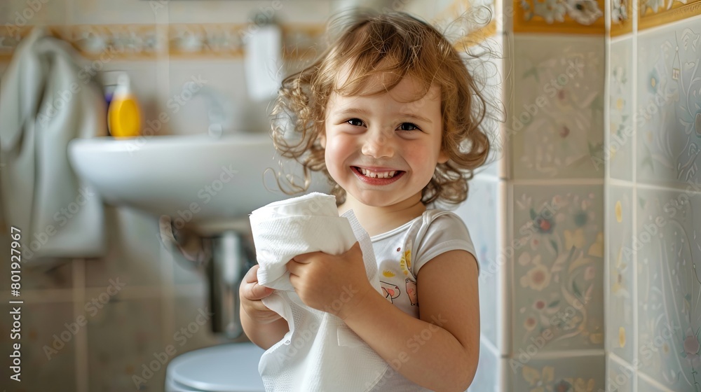 cute child girl holding toilet paper cute child girl holding toilet paper