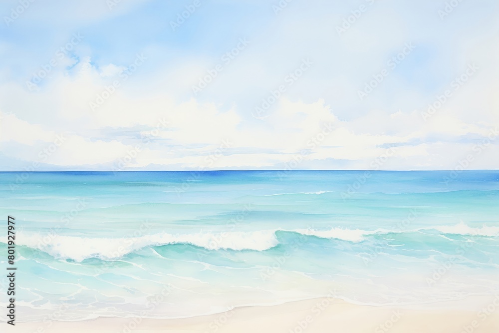 A watercolor of Pristine sandy beaches meeting turquoise waters, in soft, relaxing watercolor shades