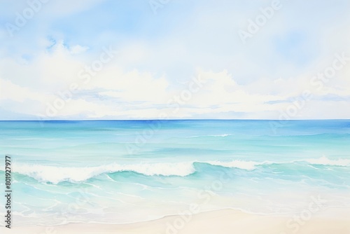A watercolor of Pristine sandy beaches meeting turquoise waters  in soft  relaxing watercolor shades
