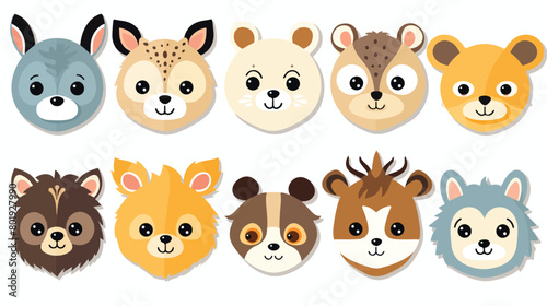 Stickers of cute wild animals faces cat deer kangaroo