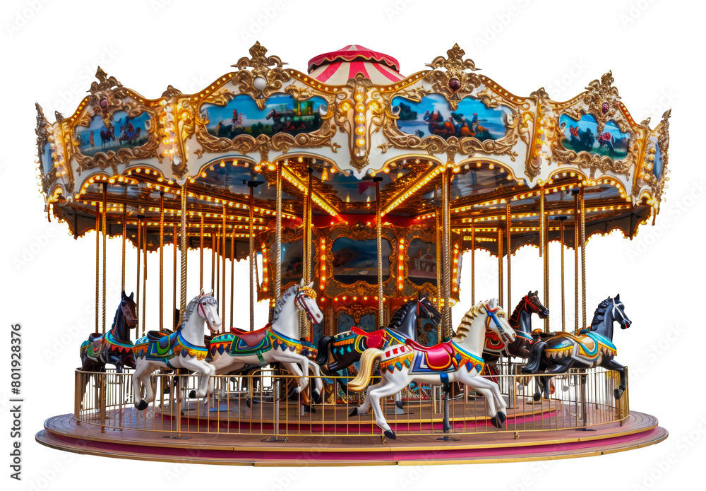 Illuminated vintage carousel with horses at night, cut out - stock png.