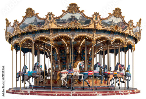 Illuminated vintage carousel with horses at night, cut out - stock png.