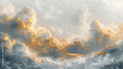 Watercolor Clouds with Gold Accents on White Background Generative AI