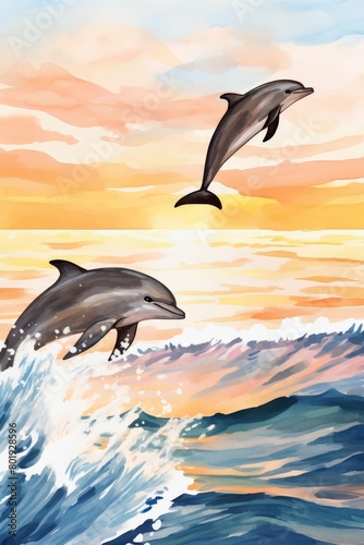 A watercolor of Coastal sunset with dolphins jumping near the shore, detailed watercolor painting clipart realistic illustration  © Panuma