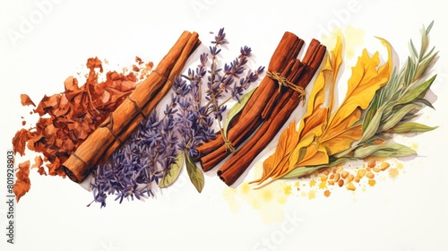A watercolor of Herbs for natural dyes on white background photo