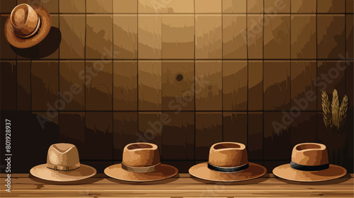 Straw hats and boxes on wooden background Vector illustration photo