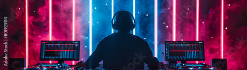Livestream DJ set, neon lights, computer screen front and center, eye-level, dynamic, live music online party scene