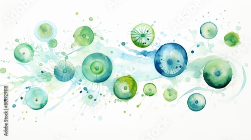 A watercolor of Microscopic plankton blooms, foundational to the ocean food chain, in abstract colors on white background photo