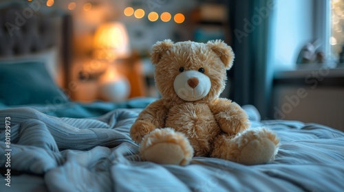 Adorable Teddy Bear on Cozy Bed Generative AI